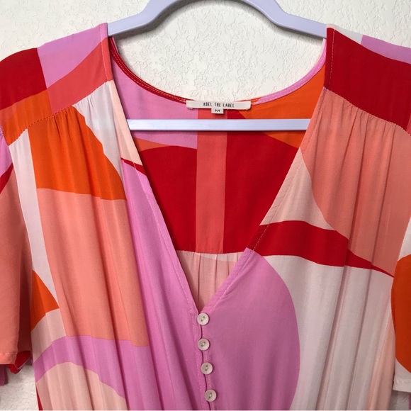 ABEL THE LABEL Ruffled Hem Flutter Sleeve Midi Dress Bright Abstract Geometric - Picture 2 of 13